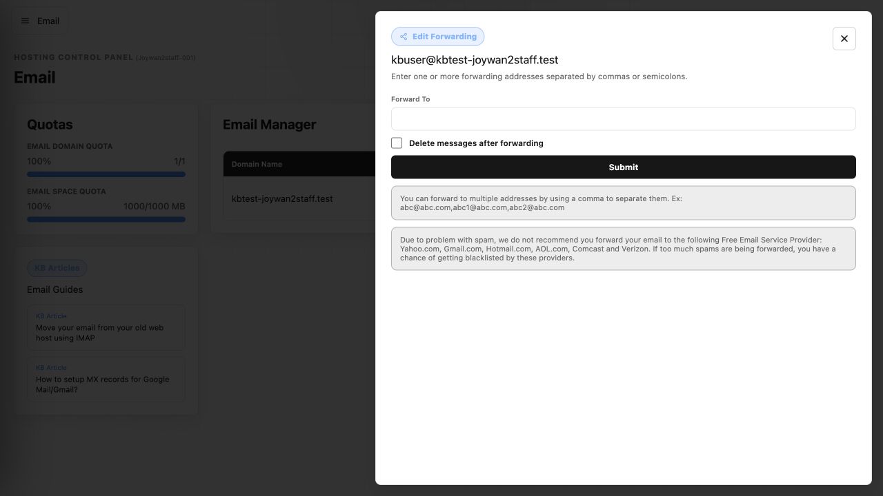 Mailbox forwarding form in the current Control Panel