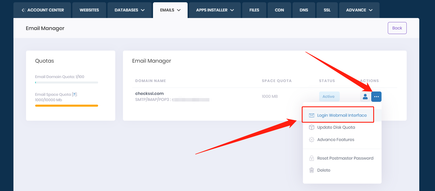 How can I login to my email admin account (Postmaster email account) from my hosting control panel